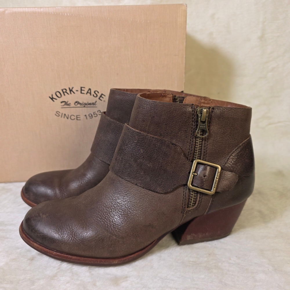 Kork-Ease Isa Ankle Boots Dark Brown Leather Buckle Womens 7.5 Excellent